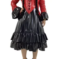 Plus Size High Waist Pleated Long Skirt Fashion PVC Leather Ruffles A-line Skirts Womens Elegant Prom Party Wetlook Maxi Skirt