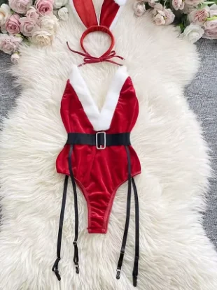 Lovermore Women Christmas Uniform Furry Hairball Top Skirt Love Belt Outfits Santa Claus Cosplay Costumes Women Sexy Lingerie