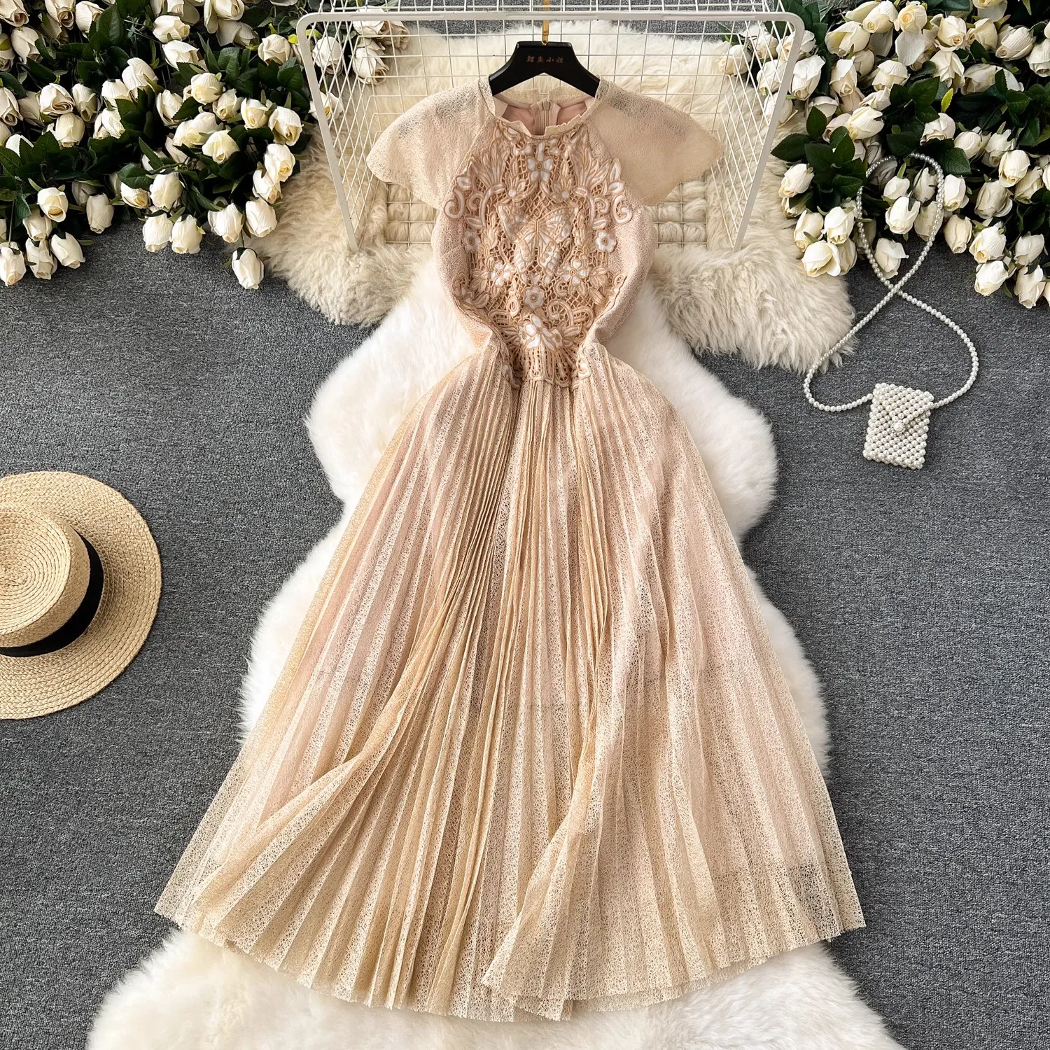 

Embroidery Lace Apricot Dress Women Summer Elegant Party Vestido O-neck Short Sleeve Luxury Womens Clothing Spring
