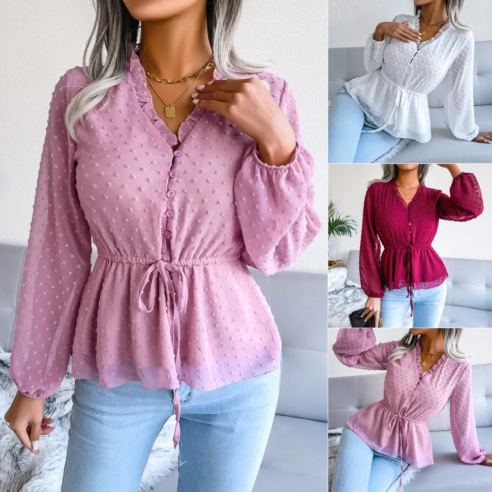 2024 Spring summer lantern long sleeve ruffled lace waist polka dot chiffon shirt for women