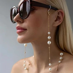 Elegant Glass & Beaded Imitation Pearl Eyeglass Lanyard Necklace (Gold Color)