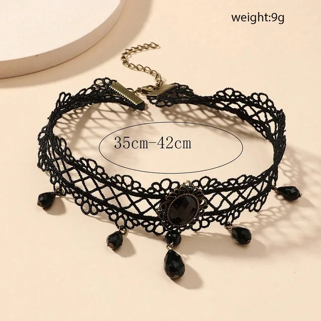 Vintage-Tour de cou en dentelle gothique classique pour femme, pendentif en cristal noir, breloque, colliers de la présidence, bijoux de clavicule Boho, cadeaux de Noël