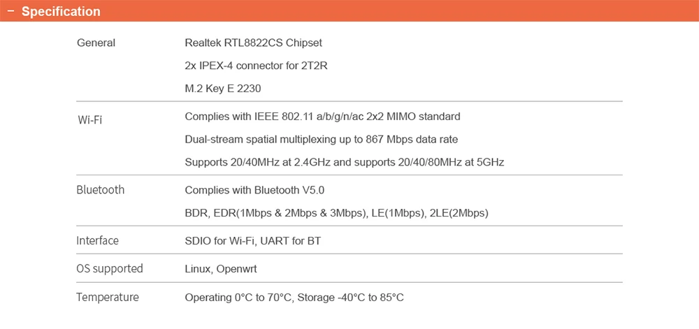Dual-band M.2 SDIO WiFi Module AC200 Realtek RTL8822CS Chipset IEEE 802.11 a/b/g
