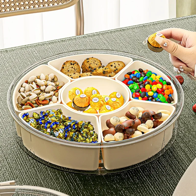 Round/Square Multi Compartment Fruit Tray Snack Box with Lid Handle for Home Organization Clear Divided Rotating Serving Tray