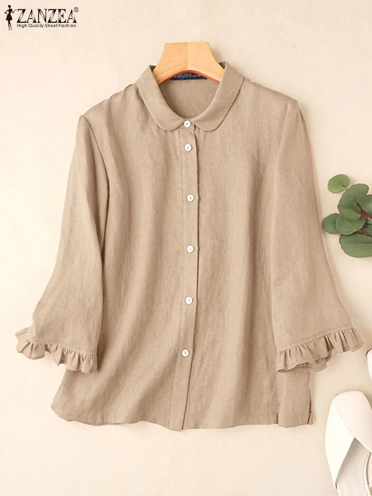 

Коллекция 2023 года, модная повседневная рубашка ZANZEA на пуговицах с рукавом 3/4, Женская Осенняя блузка, винтажные однотонные хлопковые топы, женские свободные блузы