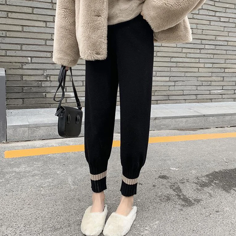 Knitted Pants Women Autumn Winter High Waist Casual Harem Trousers 2023 Korean Fashion Patchwork Stretch Baggy Pantalones S-2xl
