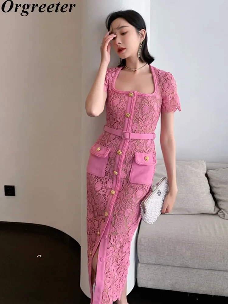 High Quality Pink Lace Dress For Women Summer Vintage Square collar Buckles  Slim Mid Dress Hollow out Robes Female Party Vestido - AliExpress 200000345