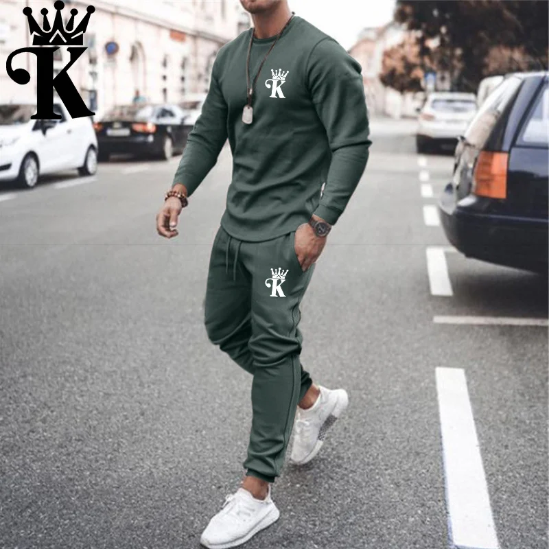 Men Set Tracksuit Men Sportsuits Gentlemen Set T-shirt Suit Long Sleeve Pure Color Coat+Pants Gyms Casual Sportswear Suit mens two piece sets