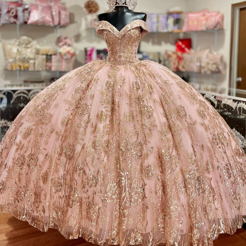 Pink Quinceanera Dresses Off Shoulder Ball Gown Sweet 16 Gold Appliques  Lace | eBay