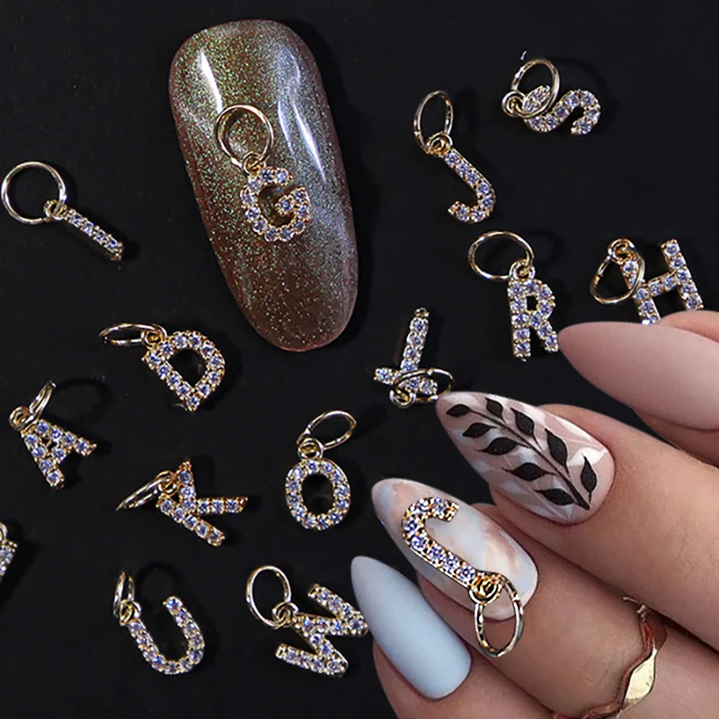 

26 Letters Zircon Gold Nail Charms A-Z Alphabet Alloy Nail Charm 3D Nail Art Charms for Nails Metal Nail Jewels for Nail Art