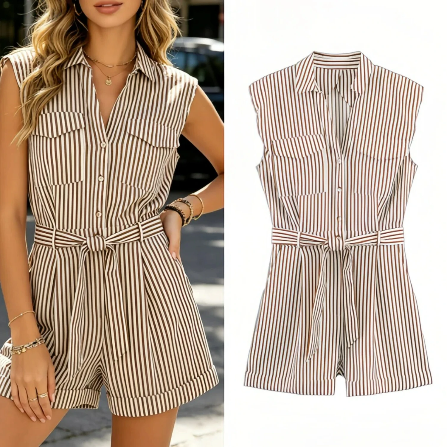 Sommerlicher gestreifter Jumpsuit für Damen – elegant, ärmellos, einreihig, kurze Hose mit Gürtel, Streetwear, locker geschnitten