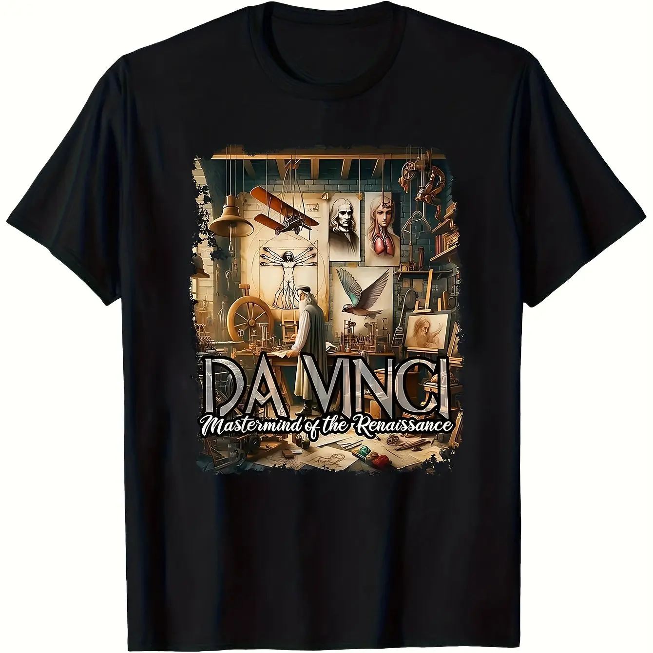 Herren Vintage Leonardo Da Vinci Renaissance-Kunstdruck T-Shirt 100% Baumwolle 180gsm Schwergewicht Historische Mechanische Zahnräder