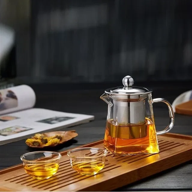 Heat Resistant Glass Teapot With Stainless Steel Infuser Heated Container Tea Pot Good Clear Kettle Square Filter Baskets