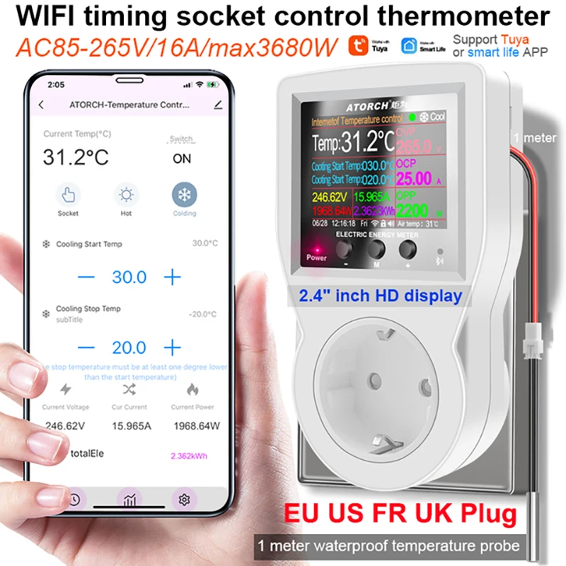 

CORUI Tuya WIFI Smart Plug Digital Wattmeter Power Meter 220V AC Electricity Consumption Socket For Alexa Google Home Smart Life