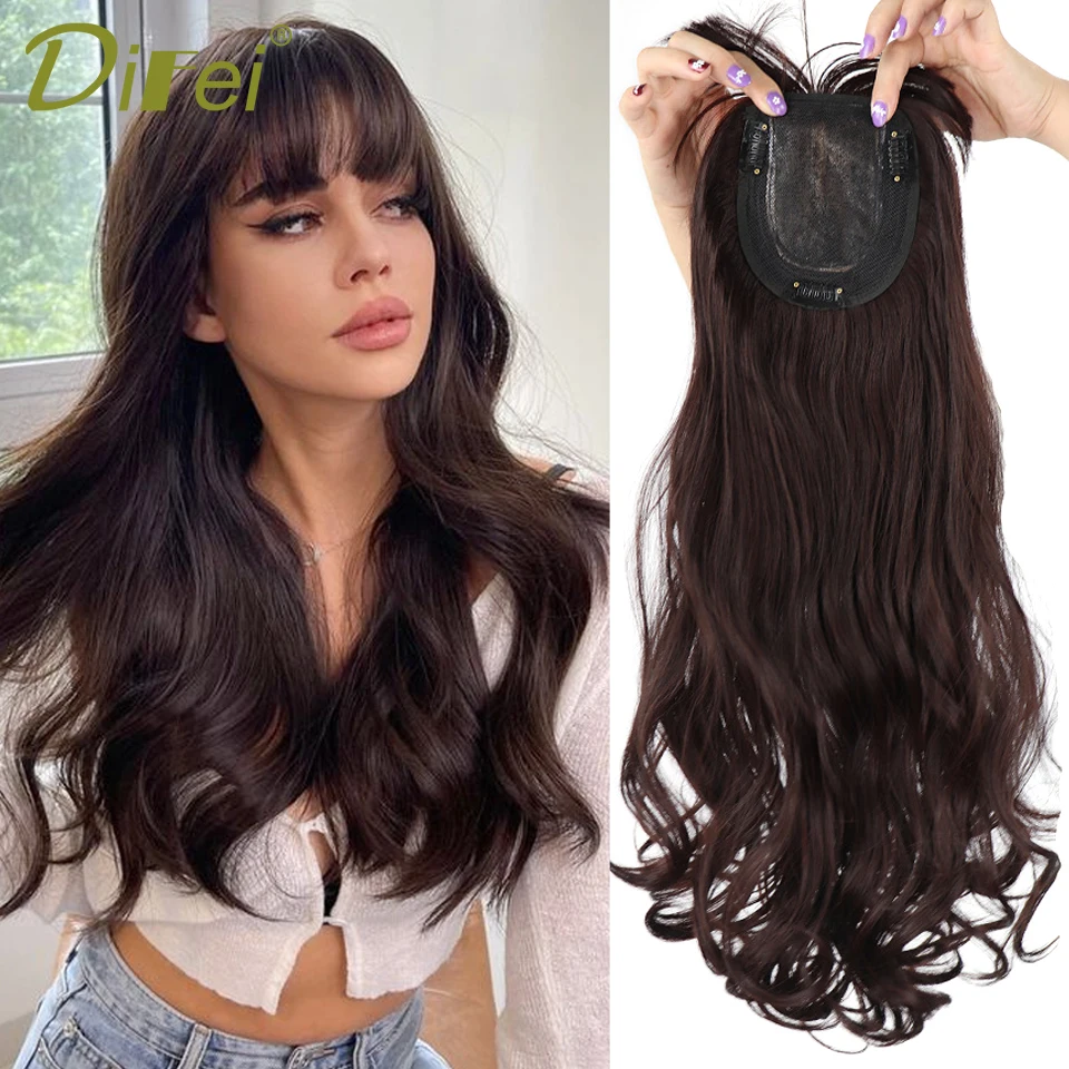 DIFEI Synthetic Long Wavy Hair Topper With Bangs Fake Hair Toupee Replacement Block  3D Air Bangs Hair Clip-In Hair Extension tank tops leopard color block button fake two piece tank top in multicolor size l m s xl