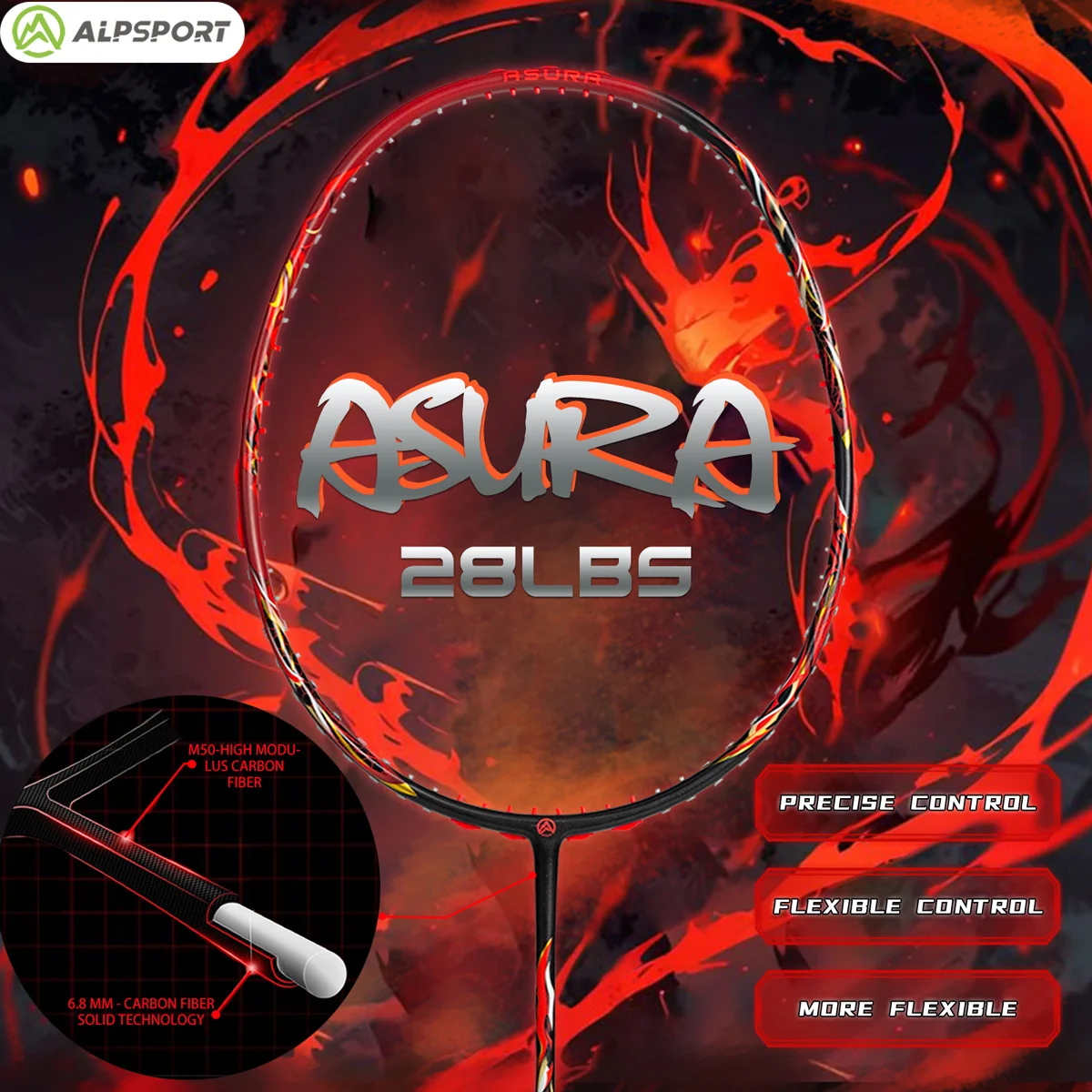 ALPSPORT Asura 6U MAX 38LBS G5 Black Badminton Racket Full Carbon Fiber Original Pro Offensive For Teens & Outdoor Sports