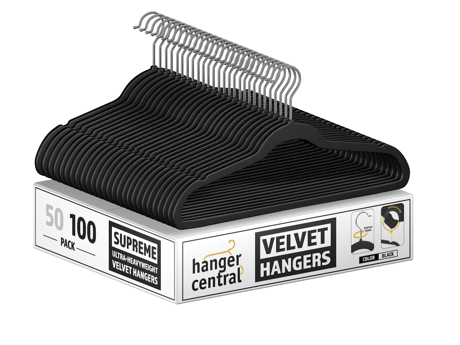

Hanger Central Velvet Heavy Weight Clothing Hanger, 100 Pack, Black