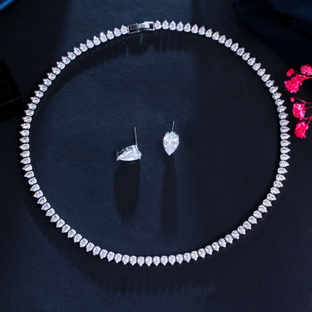 

Brass Tennis Necklace+Earring 2 pcs Sets Choker Chain Pave Teardrop Zircon Rhodium/Rose gold plated Trendy Jewelry Women