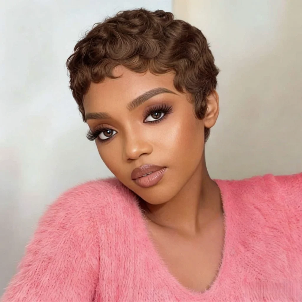 짧은 웨이브 가발 인모 픽시컷 6인치 여성용 인모 자연색 곱슬머리 가발 풀머신제작