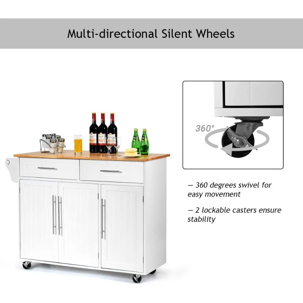Kitchen Island Cart Rolling Storage Trolley Cart with Lockable Castors, 2 Drawers, 3 Door Cabinet, Towel Handle, Knife Block fo 5