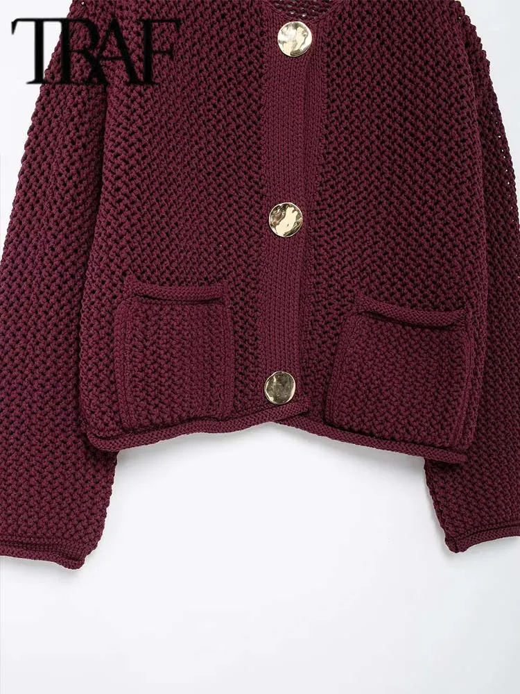 TRAF Autumn Winter Knitted Cardigans For Women Casual Button Long Sleeve Female Sweater 2024 Fashion Loose Lady Cardigans Coat 5