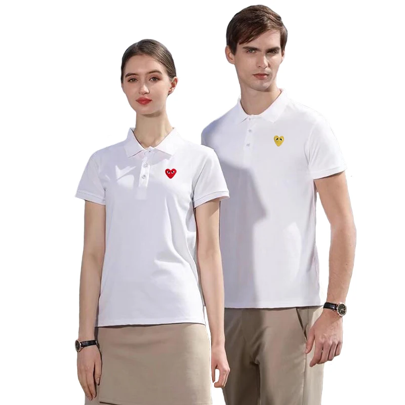 Men Women POLO Shirt Cotton Heart Eyes Embroidery Lapel Button Pullovers Loose Solid Couple Summer Shirts |