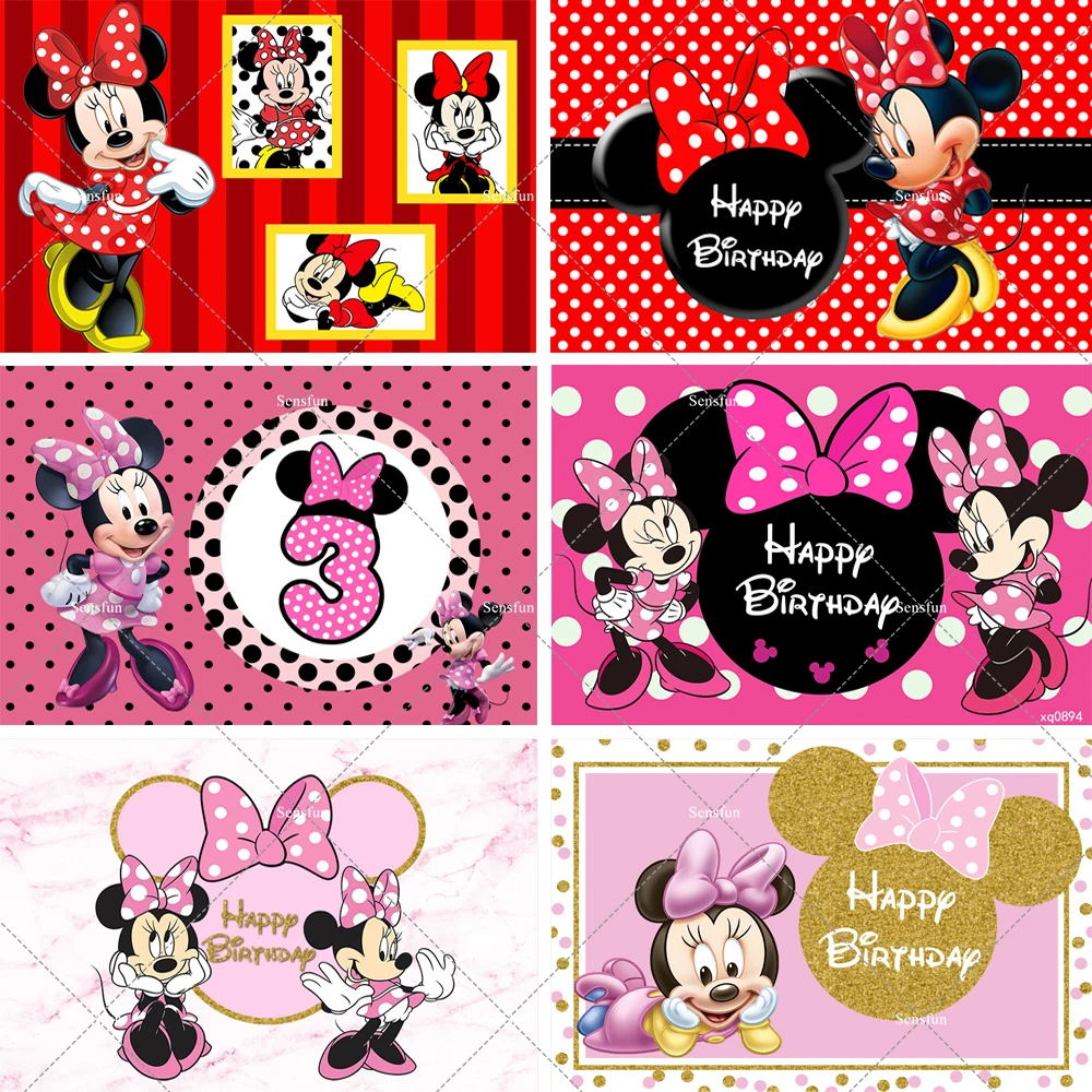 Red Pink Minnie Mouse Photography Backdrop Bow Girls Newborn Baby Shower 1st Birthday Party Photography Background Photocall