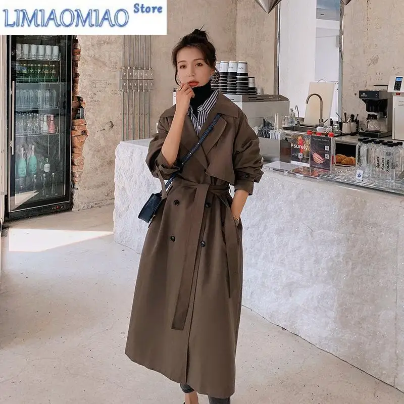 

New Trench Coat Brown Drape Women Spring Double breasted outwear Lady Popular Mid-Length Coat windbreaker with