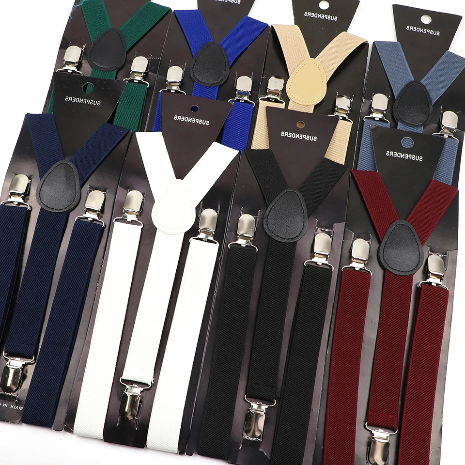 Solid Color Elastic Leather Suspenders Clip-on Buckle Men Straps Adjustable Elastic Y-Back Braces For Wedding Suit Accessories