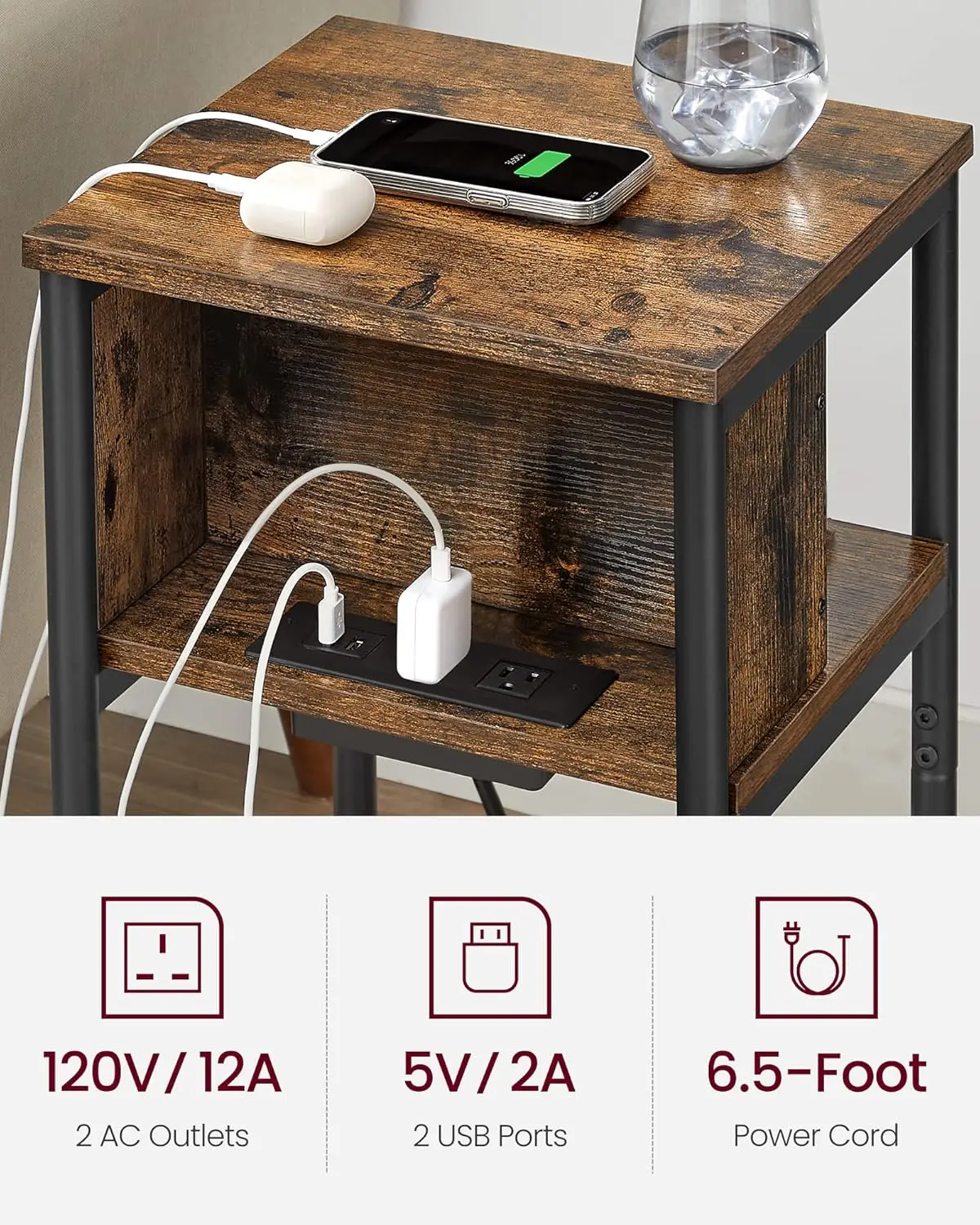 Side Table with Charging Station, 3-Tier End Table with USB Ports and Outlets, Nightstand for Living Room, Bedroom 4