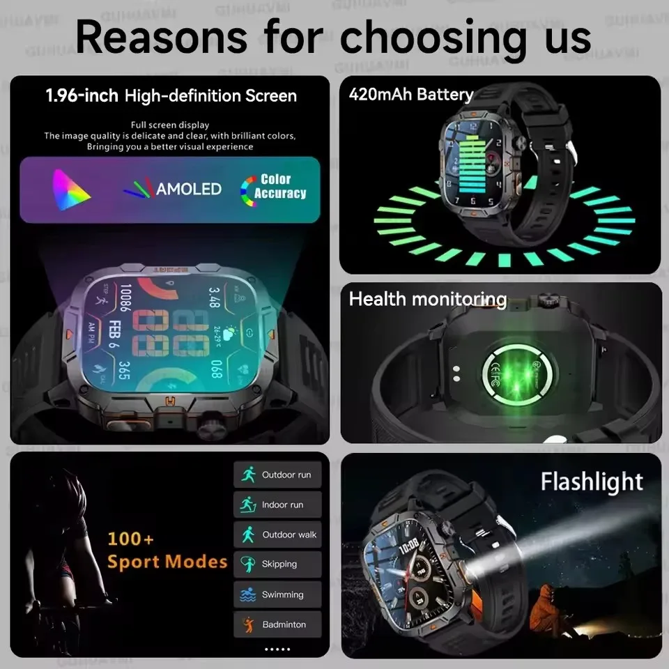 2026 New Military Grade Smart Watch Men 1.96" AMOLED Screen 5ATM Waterproof Simming Sports Fitness Tracker BT Call Smartwatches 2