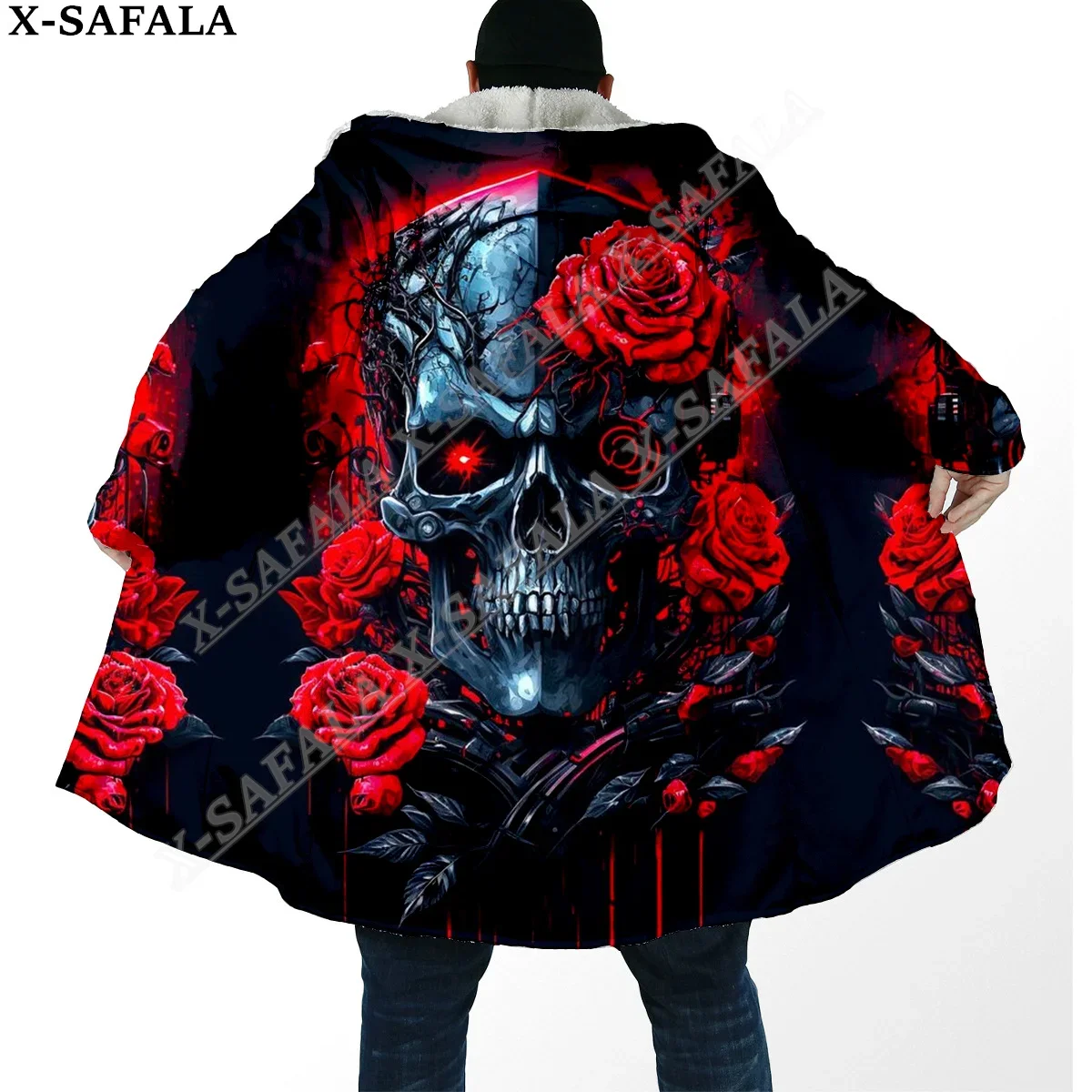 

Dark Love Deth Rose Skull Trippy 3D Print Dream Cloak Thick Warm Hooded Men Overcoat Coat Windproof Fleece Cape Robe Blanket-3