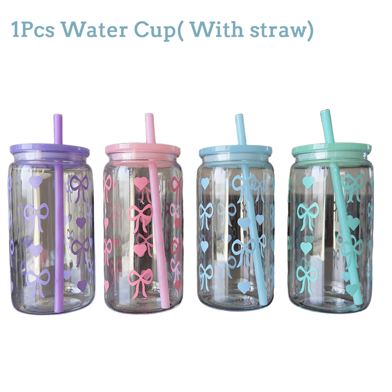 Kawaii Water Bottle Aesthetic Tumbler For Ice Coffee Juice Tea Cute Bowknot Plastic Cups With Straw Lid Portable Drinking Bottle