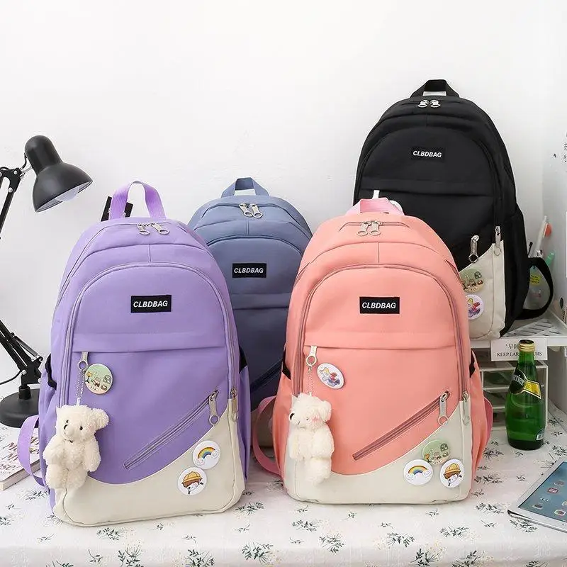 4 Pcs Sets Canvas Schoolbags For Teenager Girls Women Backpack Contrast Color Kawaii Women Laptop Backpack Student Kids Rucksack