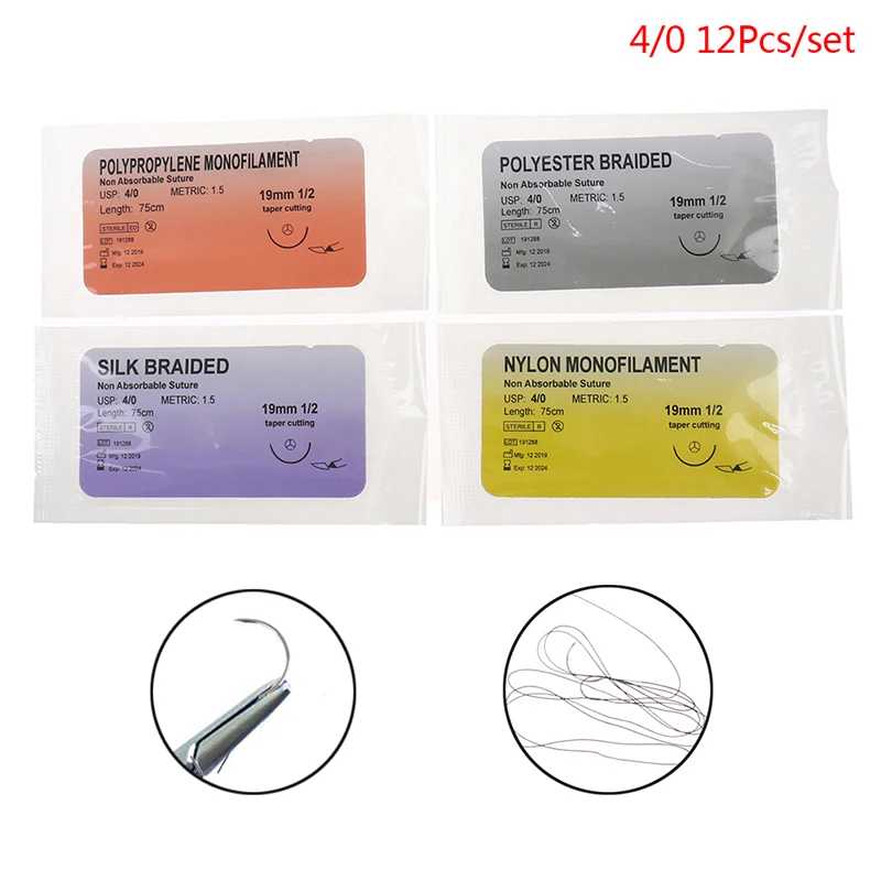 Medical Needle Suture 6/12Pcs 2/0 3/0 4/0 5/0 Nylon Monofilament Thread Surgical Practice Kit Teaching Demonstrations Exercises medical needle suture