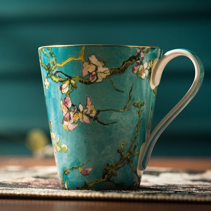 Chinese Style Ceramic Gift Cute Mug, Home Personal Office Creative Hand Drawn Flower Patterns, Milk Water Coffee Cup, 430ml, 1Pc