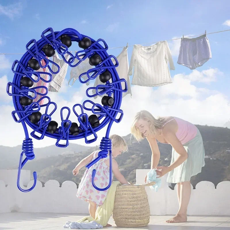 Clothes Drying Rack Portable Elastic Travel Windproof Outdoor Clothesline with 12 Clips for Backyard Balcony