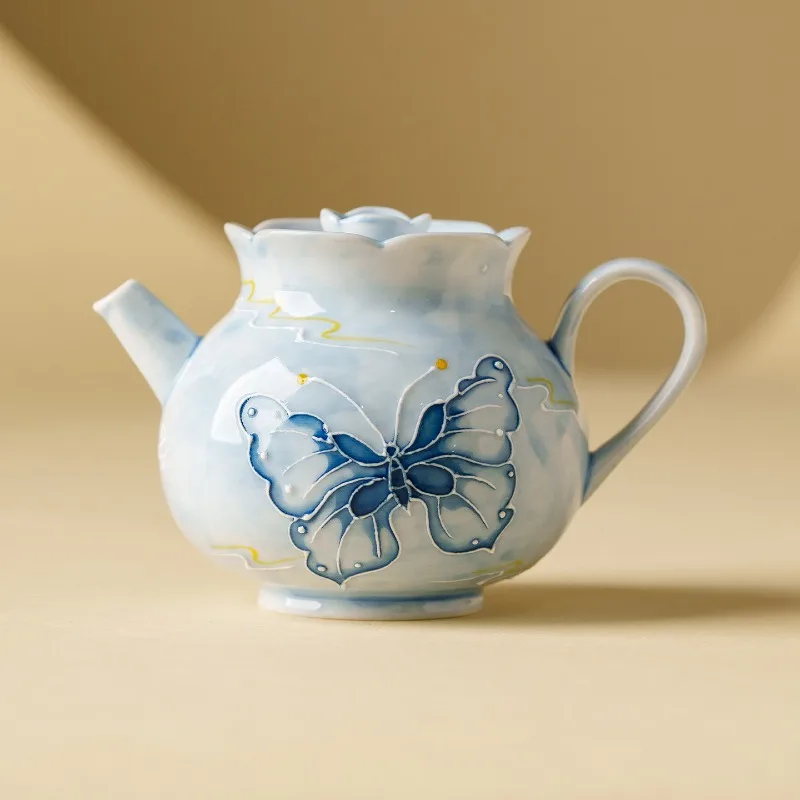 Hand Painted Butterfly Teapot Ceramic Gongfu Tea Set with Infuser Single Serve Traditional Chinese Teaware Gift for Tea Lover
