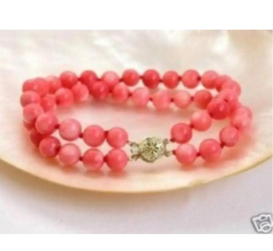 ELEGANT 2 ROWS PINK CORAL BEAD BRACELET 7.5''