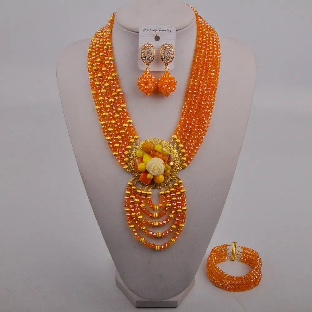 

Bling Bling Orange Crystal Beaded Costume Necklace African Jewelry Set