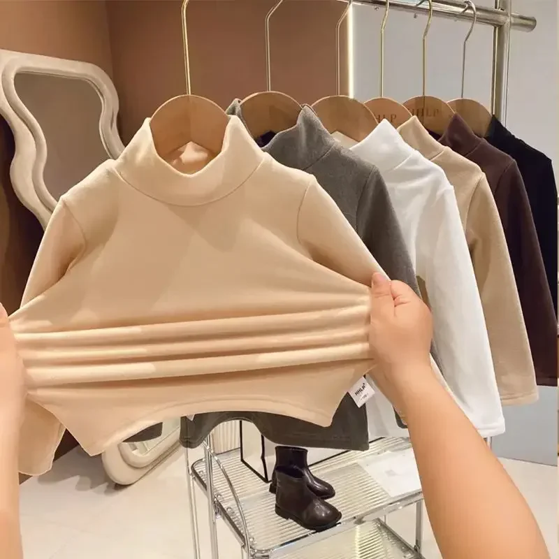 Winter Baby Warm Top Boys Girls Velvet Inner Solid Color Bottom Children's Half High Collar Long Sleeve T-shirt Kids Clothes 1 Winter Baby Warm Top Boys Girls Velvet Inner Solid Color Bottom Children's Half High Collar Long Sleeve T-shirt Kids Clothes 1