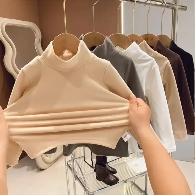 Winter Baby Warm Top Boys Girls Velvet Inner Solid Color Bottom Children's Half High Collar Long Sleeve T-shirt Kids Clothes 1