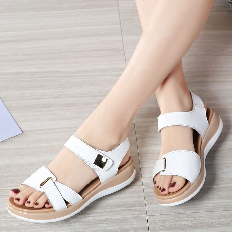 

Women Female Ladies Mother Genuine Leather Shoes Sandals Flats Soft Hook Loop Korean Bling Summer Beach Size mujer 35-40