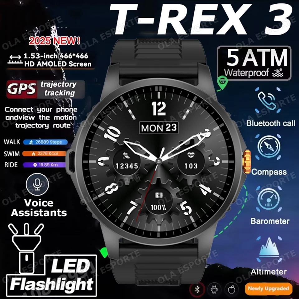 Montre connectée de sport GPS pour hommes, écran AMOLED de 1.53 pouces, lampe de poche LED, fréquence cardiaque, appel Bluetooth, étanche 5ATM, nouvelle collection 2025