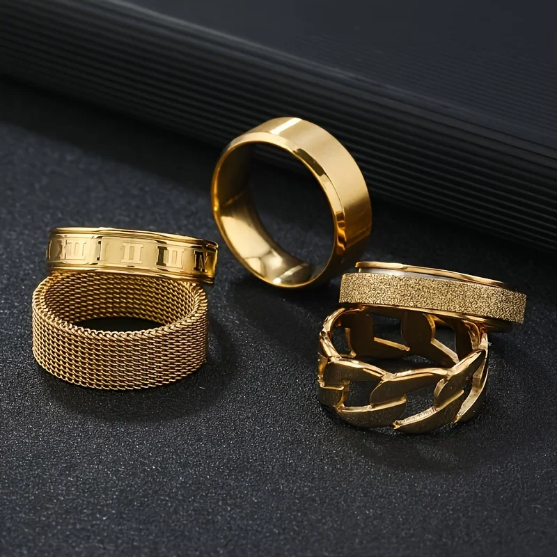 Fashion Stainless Steel Ring Set 5 Pieces of 18K Gold Plated Rotatable Decompression Rings, Men's Hip Hop Hollow-Out Design