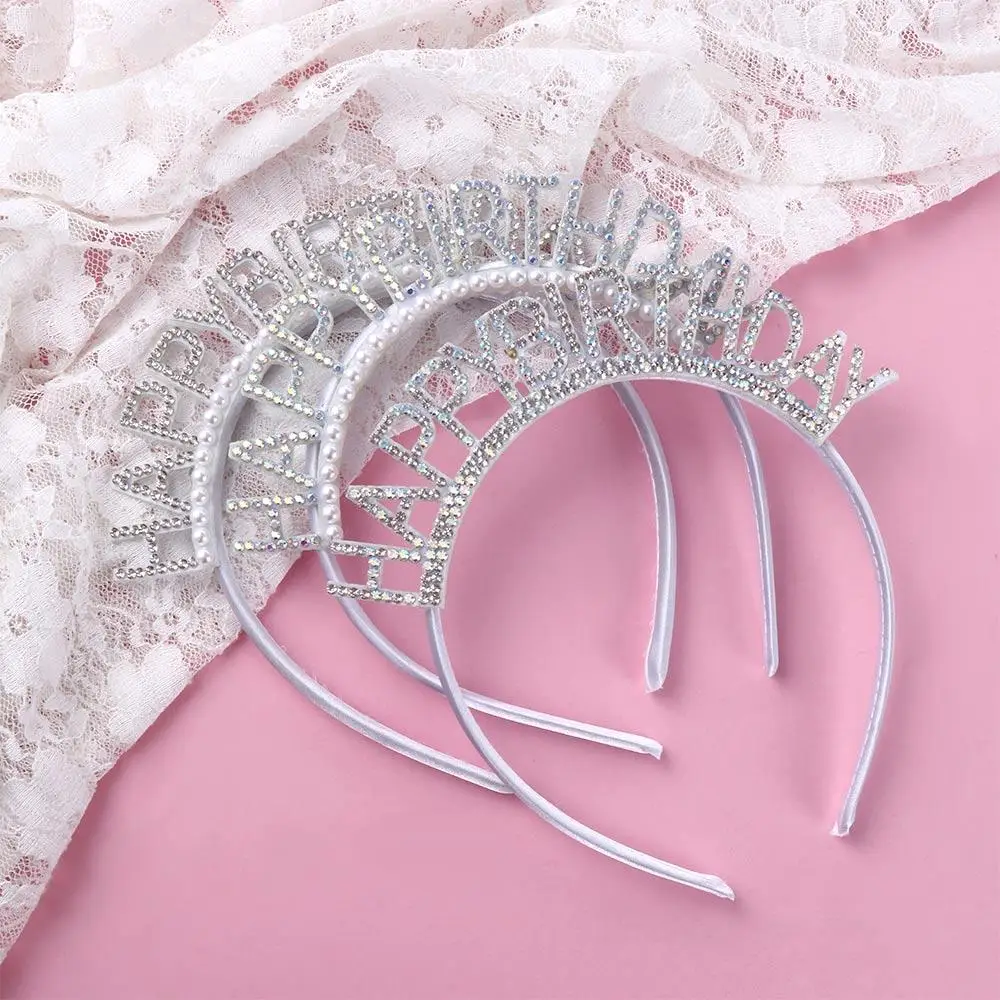 Simple Women Birthday Gift Pearl Alloy Letter Rhinestone Crown Female Jewelry Birthday Hair Hoop Happy Birthday Headband