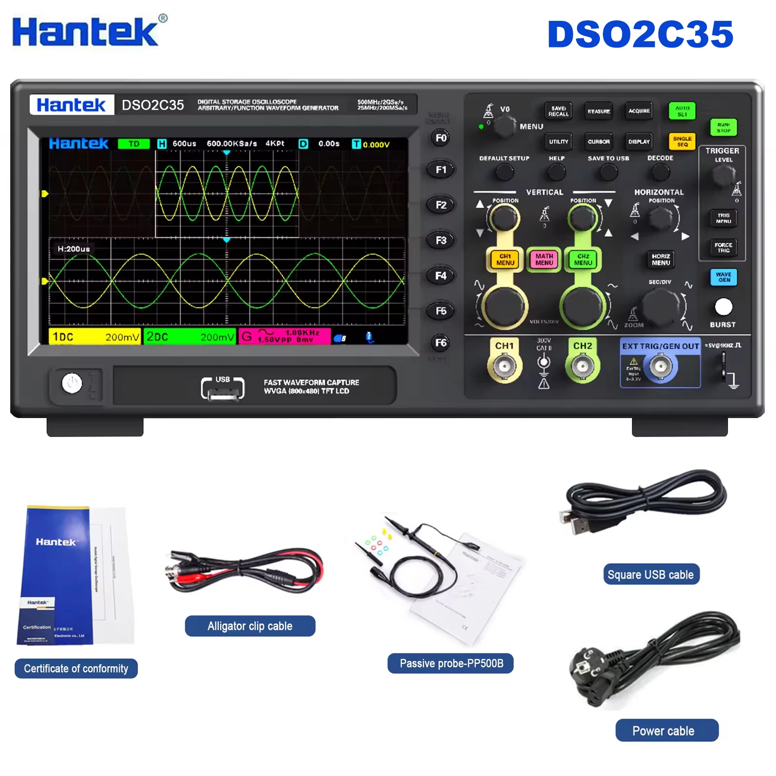 DSO2C35/DSO2D50 Lab Digital Oscillator 200/350/500MHZ, 2CH/2CH+1CH ,2GSa/s 80K U