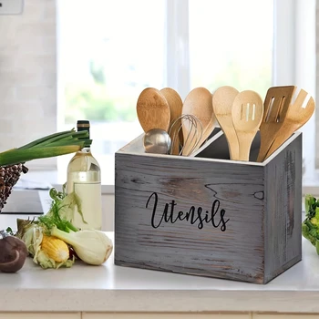 Rustic Wood Utensil Holder Caddy 1