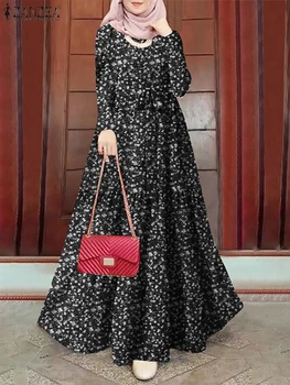 ZANZEA Muslim Women Ditsy Floral Tiered Maxi Dress Hijabis Modest Elegant Tie-Waist A-line Vestidos Long Sleeve Islamic Abaya