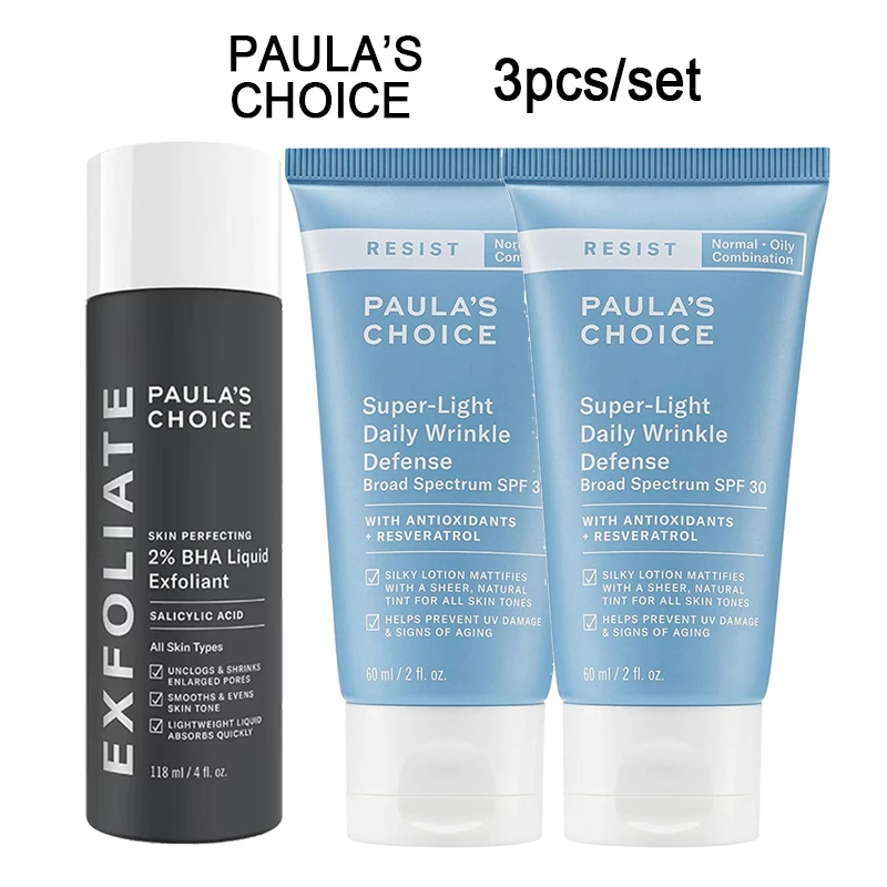 

3Pcs/set Paulas Choice Super-Light Daily Wrinkle Defense Broad Spectrum SPF 30 + SKIN PERFECTING 2% BHA Liquid Exfoliant
